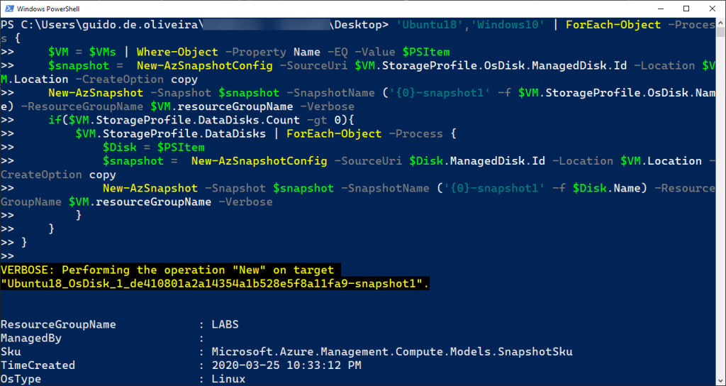Criando Snapshots de discos gerenciados do Azure em lote